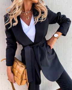 Kadın Ceketler 2021 Kadın Ceket Kemer Siyah Uzun Kollu Flap Detay Blazer