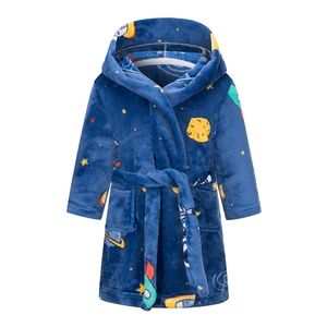 Barn Flannel Bathrock Plus Pocket Cartoon Printing Hem Fleece Kids Sleepwear Höst Vinter Nattklänning för Boys Girls 211130