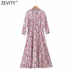 Zevity Women甘いアガリックレースピンク花柄プリントカジュアルプリーツMIDIドレス女性3四半期スリーブパーティーVestido DS4910 210603