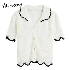 Yitimuceng Öppna Stitch Kvinnor Tröjor Hollow Out Rätt Sommar Unicolor Vit V-Neck Koreansk Fashion Knited Toppar 210601