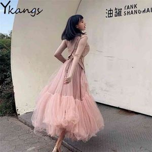 Vintage rosa plissado longa saia tulle tutu femme alta cintura pista macio malha saias coreanas mulheres primavera jupe harajuku 210621