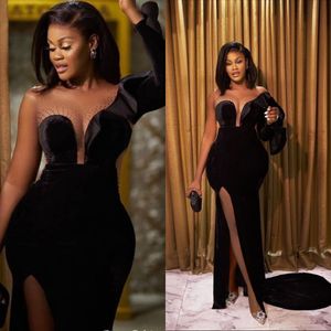 Afrikanska svarta sjöjungfrun kvällsklänningar Ruffles One Shoulder Prom Gowns Side Split Runway Fashion Slim Photoshoot Dress