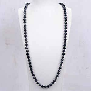 Guaiguai Jewelry Natural Black Pearl Classic 32 9mm 블랙 라운드 진주 긴 목걸이 여성 진짜 보석 석재 레이디 패션 J207Y