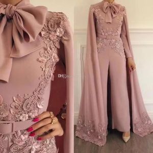 Nude Pink Muslim Jumpsuit with long wrap Evening Dresses Beaded High Neck Long Sleeves Elegant Prom Party Gowns Zuhair Murad Celebrity Dress CG001