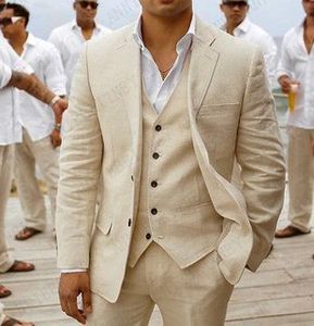 Abito da uomo in lino beige per matrimonio in spiaggia Giacca da uomo casual Giacca da smoking da sposo personalizzata Pantaloni Set Abiti da uomo 3 pezzi