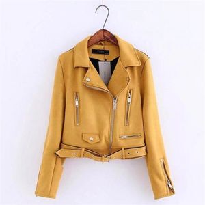 Kvinnor Biker Faux Leather Jacket Spring Autumn Zipper Torn-down Collar Suede Jackor Ladies Slim Punk Pink Moto Coats 210525