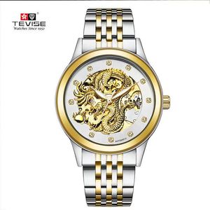 Automatyczne Szwajcarskie Tevise Montre De Luxe Wisconsinmechaniczne zegarki na rękę Dragon Men Business Stal Stal Zegarek Luminous