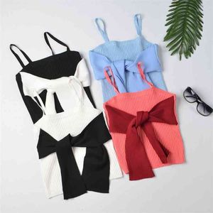 Bowknot kvinnlig camisoles sommar kvinnor t-shirt mode sexig hög elastisk tee shirt spaghetti band beskuren topp stickad camis 210601