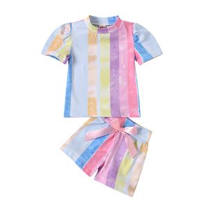 Zweiteiliges, neuartiges Anzug-Set für Babys, kurzärmlig, gestreiftes T-Shirt mit O-Ausschnitt und Shorts mit Schleife, zum Fotografieren, Geburtstagsfeier-Kleidungssets