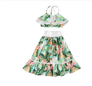 Fashion Kids Girls Clothes Sets Boho Style Sleeveless Vest Tops Floral Print Ruffle Midi Skirts Outfit