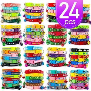 Wholesale 24Pc Pet Dog Collar Cute Paw Print Cat Bell Adjustable Ribbon for Cats Small Dogs Puppy Neck Strap 211022