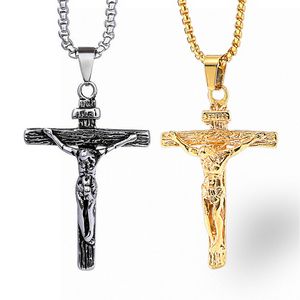 Unisex-Herren-Halskette mit Anhänger aus Edelstahl, christliches Kreuz, Kruzifix, Jesus, Schutzpatron, mit Rolo-Kette