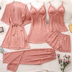 Spring 5pcs Pajamasセットセクシーなレディースストラップトップパンツ寝室スリープスーツカジュアルサテンレースプリントピジャマス親密ランジェリー210928