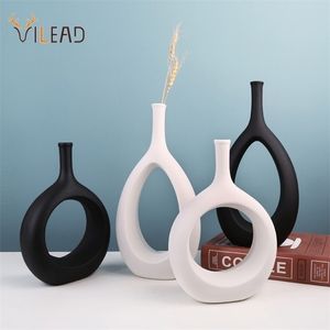 VILEAD Ceramic Hollow Out Flower Vase Figurines Nordic Modern Planter Pots Living Room Desktop Interior Decorative Decorations 211103