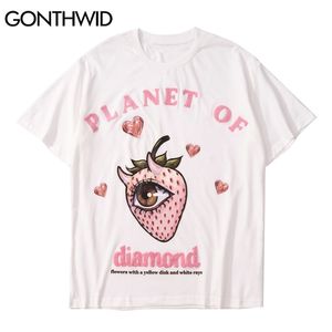 Thirts Streetwear Harajuku Мультфильм Клубника Глаз Принт Тис Рубашки Хип-хоп Летняя мода Повседневная Короткие Рукава Топы 210602