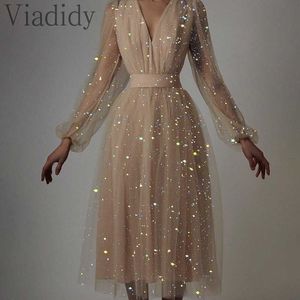 Women Elegant Deep V Neck Lantern Sleeve High Waist Sheer Mesh Glitter A-line Dress Y0823