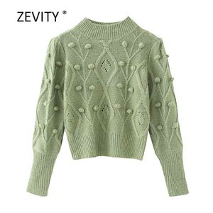 Zevity Damenmode Einfarbige Ballapplikationen Strickpullover Damen Langarm Casual Pullover Chic Pullover Tops S309 210805