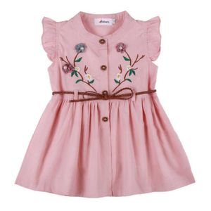 Crianças verão sem mangas meninas cute doce colete de algodão flor pêssego bordado princesa vestido q0716