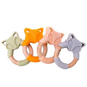 5pc Silicone Baby Teether Animals Fidget Toys Wooden Rings Rodents Beech Wood Rattles Chew Products 211106