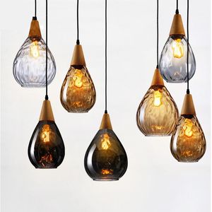 Pendellampor Woodsman Nordic Woodenglass Light for Living Room Water Drop Shape E27 Edison Bulb Led Dining Lamp Hängande fixtur