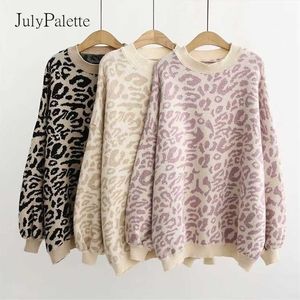 Julipalette Za Leopard Drukowane sweter z dzianiny kobiety dorywczo luźny długi rękaw sweter sweter kobieta jesień oversize sweter 211103