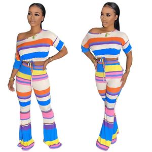 Moda Kadınlar İki Parçalı Pantolon Sıcak Dijital Baskı Stripe Seksi Stil 2 Parça Takım Takım Kadınlar Bahar Kıyafetleri Kadın Giyim 9636