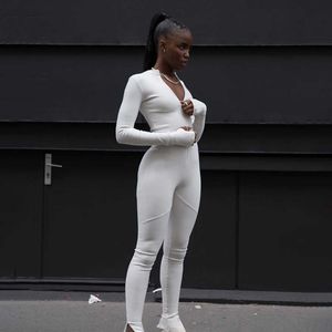 Czarno -biały seksowne BodyCon Tracksuit Komper Street Street Fitness Romper Long Rleeve Zipper Elastic Bodysuit Body Mujer T200401