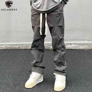 Aolamegs Trouser Men Pleated Design Hip Hop Cargo t￡tico solto cal￧as retas Abertura de perna ajust￡vel Harajuku Retro Streetwear 0124