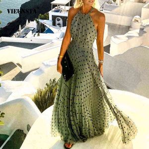 Mode sexig halter print pläterad lång klänning kvinnor söt o neck strand maxi klänning sommar ärmlös elegant boho fest klänning xxl y0909