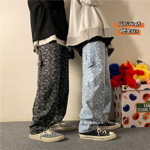 メンズグラフィック印刷夏ストレートジーンズ男韓国のファッションヒップホップジーンズジョガーズ男性緩いデニムパンツ服210622