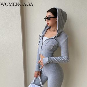 Womengaga Street Спортивный костюм Женская короткая капюшона Свитер с капюшоном + высокая талия плотные леггинсы из двух частей сексуальные женские вязание JHJF 210603