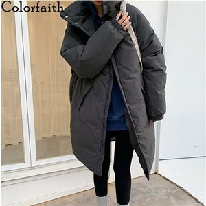 Colorfaith Inverno Primavera Mulheres Casaco Bolsos Carrinho Collar Puffer Parkas Alta Qualidade Oversized Long Casaco Longo CO850 210916