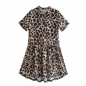 Za Animal Print Mini Dress Retro Leopard Dress Lapel Collar Short Sleeve Front Button Female High Street Short Dresses 210602
