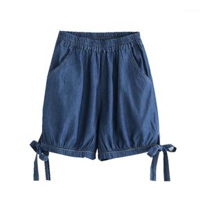 Women's Jeans Summer Preppy Style Women Denim Shorts Elastic Waist Lace Up Casual Loose Basic