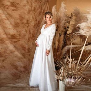 Sexy V-Neck Long Sleeve Lace Dress For Pregnant Women Casual Sexy Evening Dress White Maxi Maternity Dresses For Photo Shoot AA220309