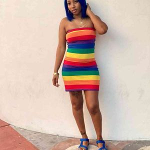 Rainbow Stripes Women Dresses Summer Product Cute Fashion Holiday Party Club Sexy Lady Dress Wholesale Clothing 210525