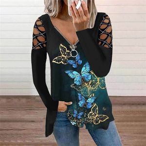 Spring Autumn Drilling Zipper V Neck Long Sleeve T-shirt Kvinnor Sexig Casual Loose Fashion Hollow Out Retro Shirt Top 5XL 220312