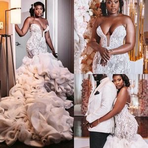 Gorgeous Tiered Skirts Beaded Wedding Dresses Bridal Gowns With Long Train Plus Size Lace Appliqued Sweetheart Vestido De Noiva