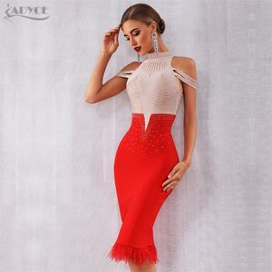 Adyce New Summer Bandage Dress Women Elegant Red Off Shoulder Sexy Feather Bodycon Club Beading Dress Celebrity Party Dress 210302