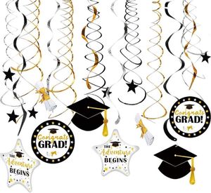 Decoração de festa 2021 Gold Black Silver Graduação pendurada Os redemoinhos parabéns graduado Cap estrelas em sala de aula para decorações de universidades escolares