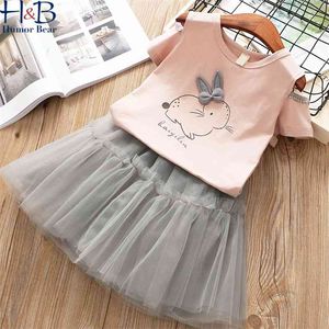 Conjunto de roupas de menina verão manga curta desenhos animados impressos top + saia malha 2 pcs toddler bonito 210611