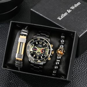 Armbanduhren 3 stücke Männer Uhr Set Quarz Schwarz Perlen Armband Mode Geschenk männer Handgelenk Geschenke für Geschäftsmann