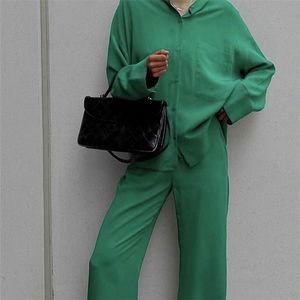 PUWD Casual Kadın Yeşil Gevşek Gömlek Suit Bahar Moda Kadın Katı Uzun Kollu Set Ladie Soft Suits 211105