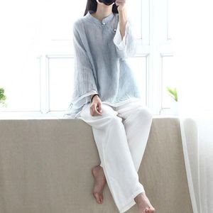 女性のブラウスシャツの女性の伝統的な中国のシャツの緩い服ヴィンテージチャイナの女性の北京語襟のソリッドカラーバックルトップス