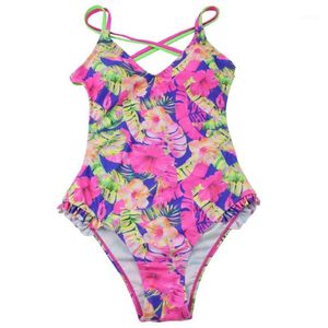 Einteilige Anzüge 40GC Frauen Sexy Bikini Neon Riemchen Bandage Kreuz Rückenfrei Monokini Tropischer Blumendruck Rüschenbesatz Badeanzug