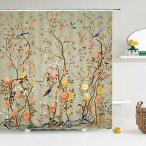 Chinês estilo flor pássaro cortina de banho banheiro impermeável poliéster tecido banheiro cortina impressa cortina de tela de banho tapete 210609