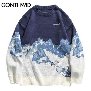 Gonthwid Snow Mountain Strickpullover Pullover Streetwear Herren Hip Hop Harajuku Pullover Strickwaren Tops Mode Strick Outwear Männlich 210909