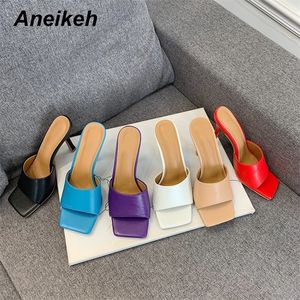 Aneikeh New Summer Women Slipper Square Toe Thin High Heel Ladies Sandalo Mules Scarpe da sera eleganti di alta qualità Slides 210310