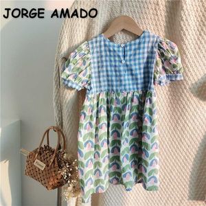 Korean Style Summer Kids Girls Dress Green Floral Blue Plaid Patchwork Short Puff Sleeves Children Fashion Clothes E034 210610