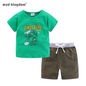 Mudkingdom Sommarpojkar Dinosaur Outfits Barn Tecknade kläder Kids Kortärmad T-shirt och Drawstring Shorts Kläder Suit 210615